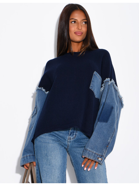 Oversized wool sweater with denim sleeves