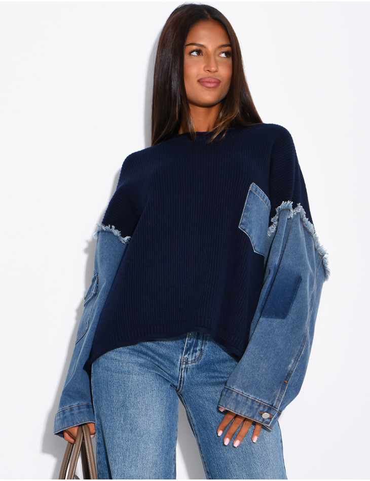 Oversized wool sweater with denim sleeves