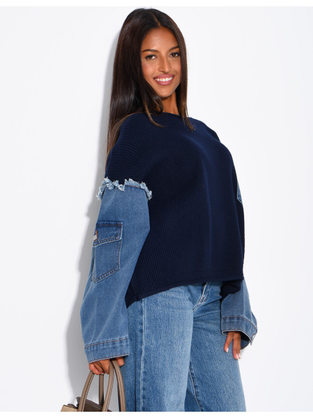 Oversized wool sweater with denim sleeves
