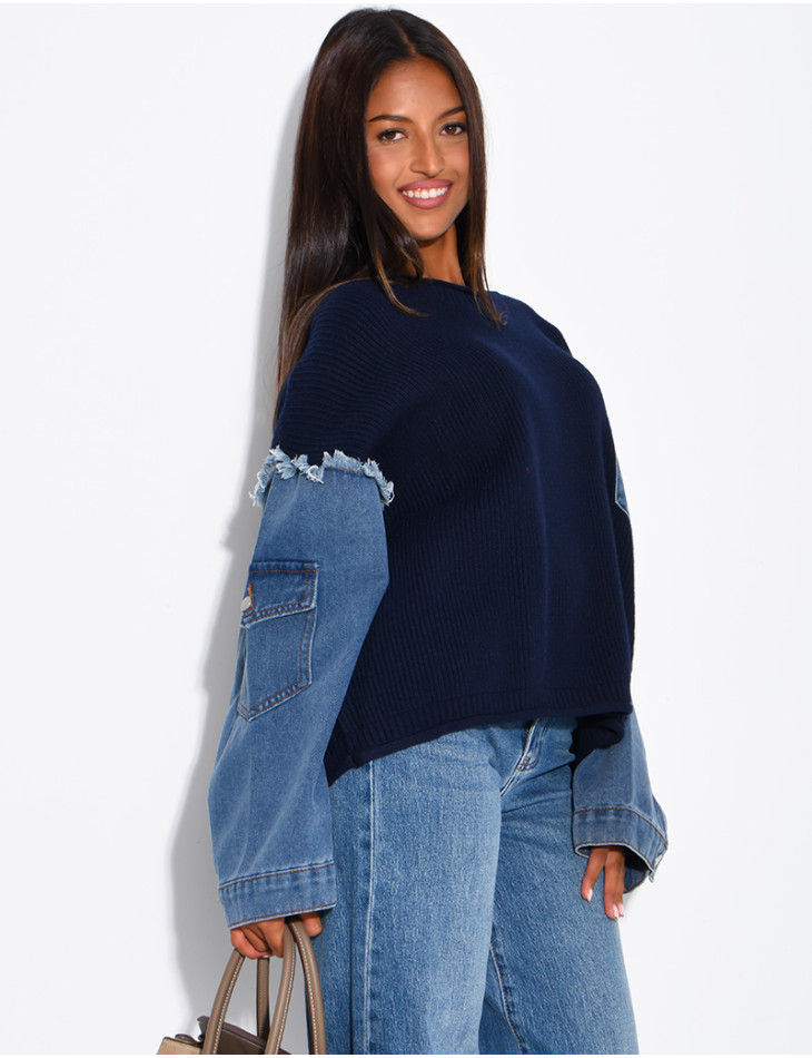 Oversized wool sweater with denim sleeves