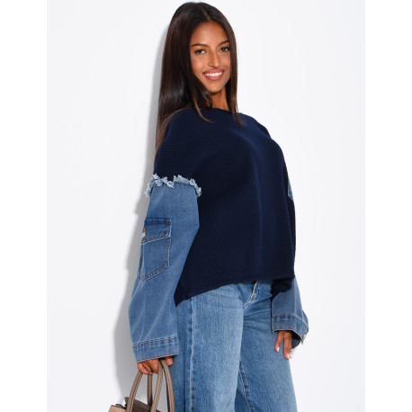 Oversized wool sweater with denim sleeves