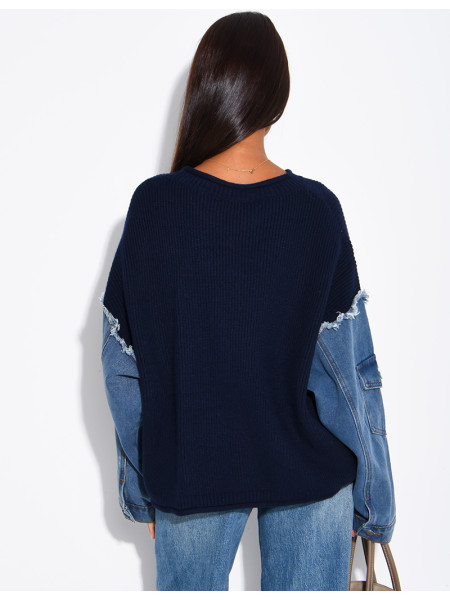 Oversized wool sweater with denim sleeves
