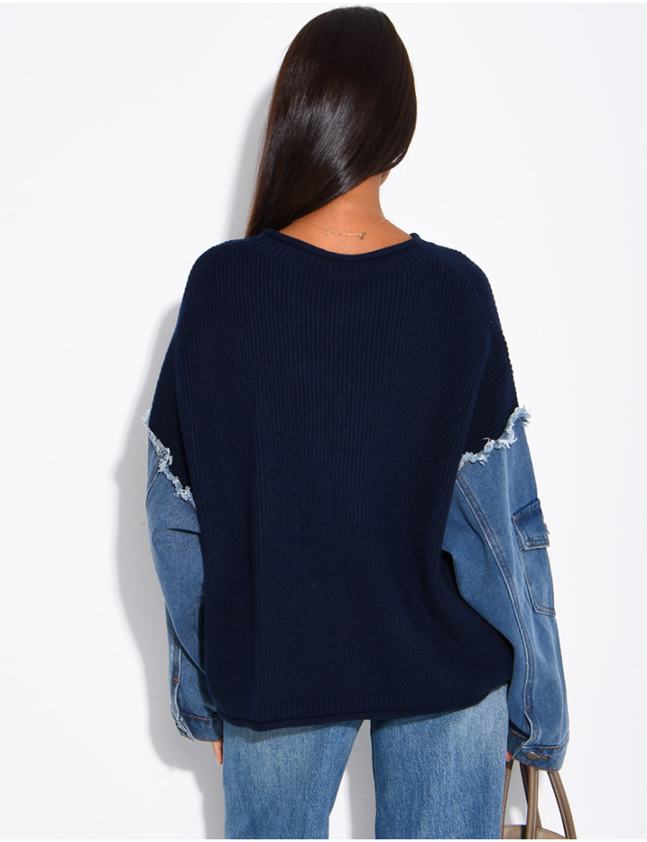 Oversized wool sweater with denim sleeves