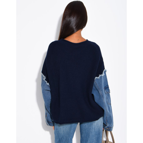 Oversized wool sweater with denim sleeves