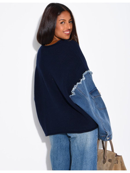 Oversized wool sweater with denim sleeves