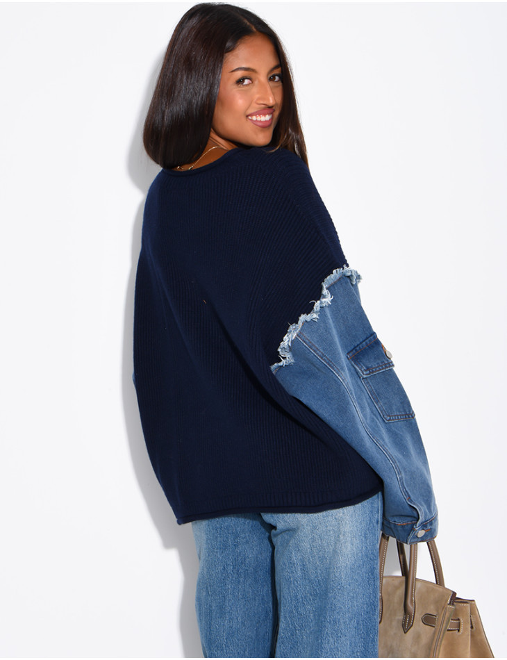 Oversized wool sweater with denim sleeves