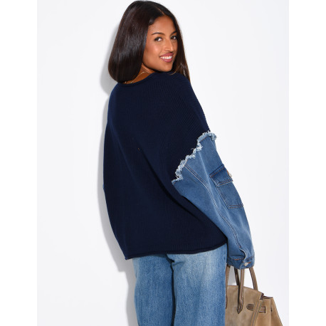 Oversized wool sweater with denim sleeves