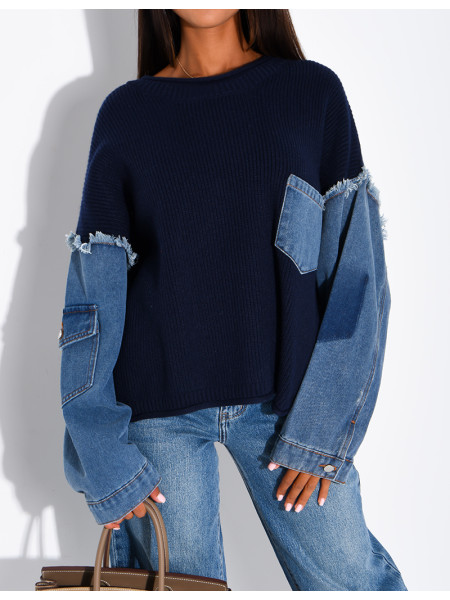 Oversized wool sweater with denim sleeves