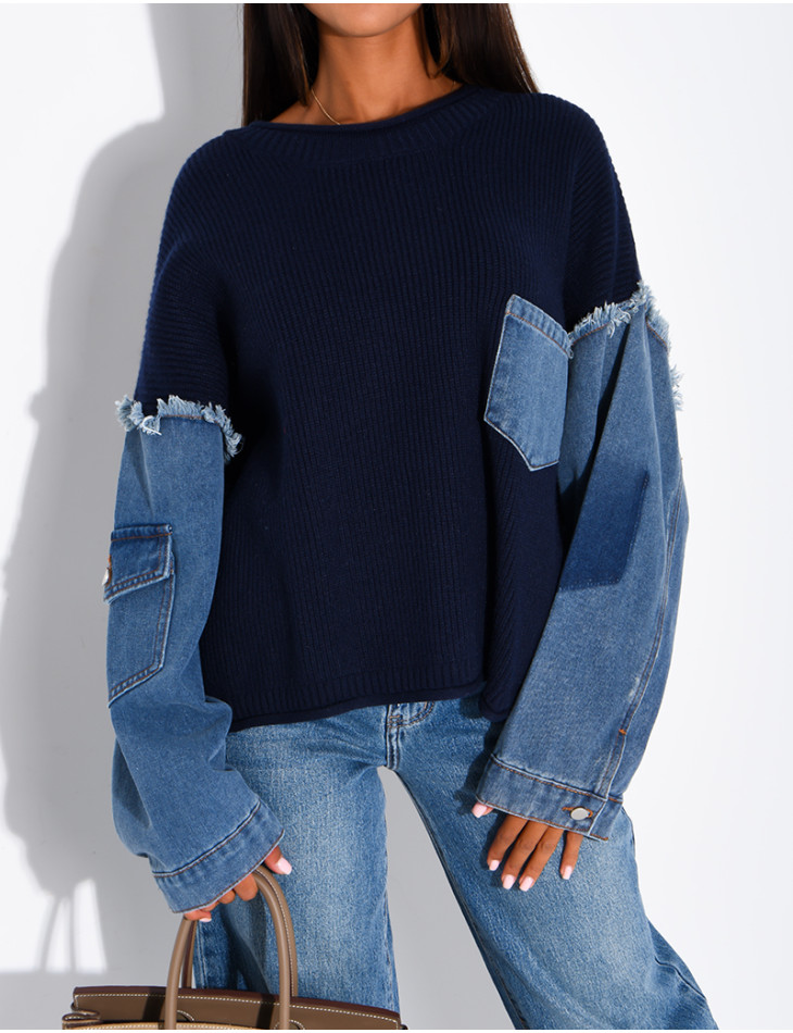 Oversized wool sweater with denim sleeves