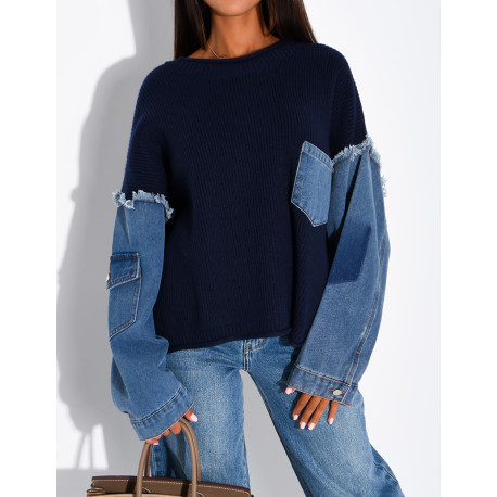 Oversized wool sweater with denim sleeves