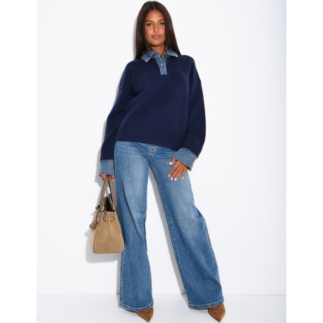 Knit sweater with denim cuff and shirt collar inserts