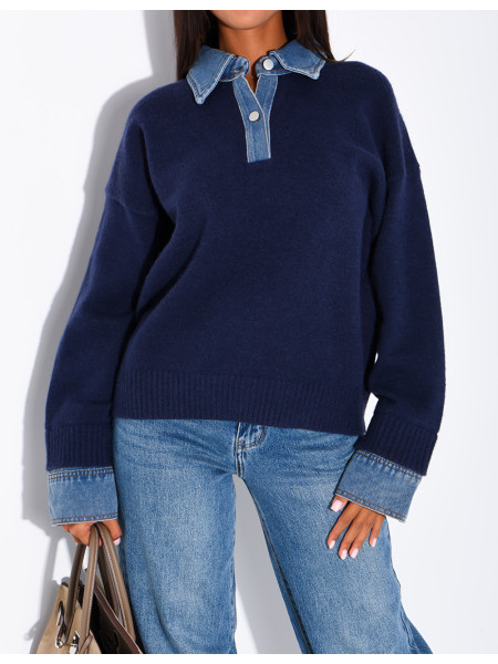 Knit sweater with denim cuff and shirt collar inserts