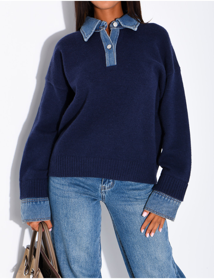 Knit sweater with denim cuff and shirt collar inserts