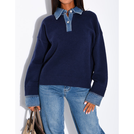 Knit sweater with denim cuff and shirt collar inserts