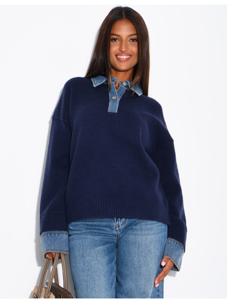 Knit sweater with denim cuff and shirt collar inserts