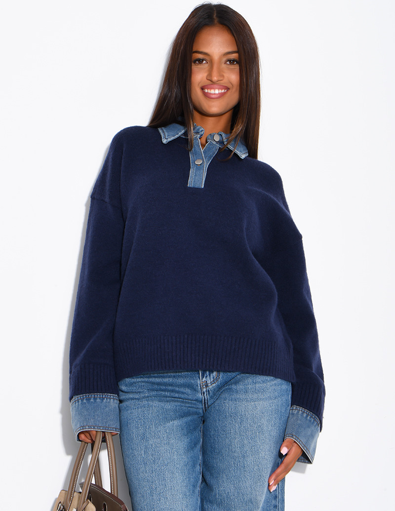 Knit sweater with denim...