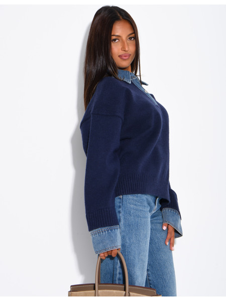 Knit sweater with denim cuff and shirt collar inserts
