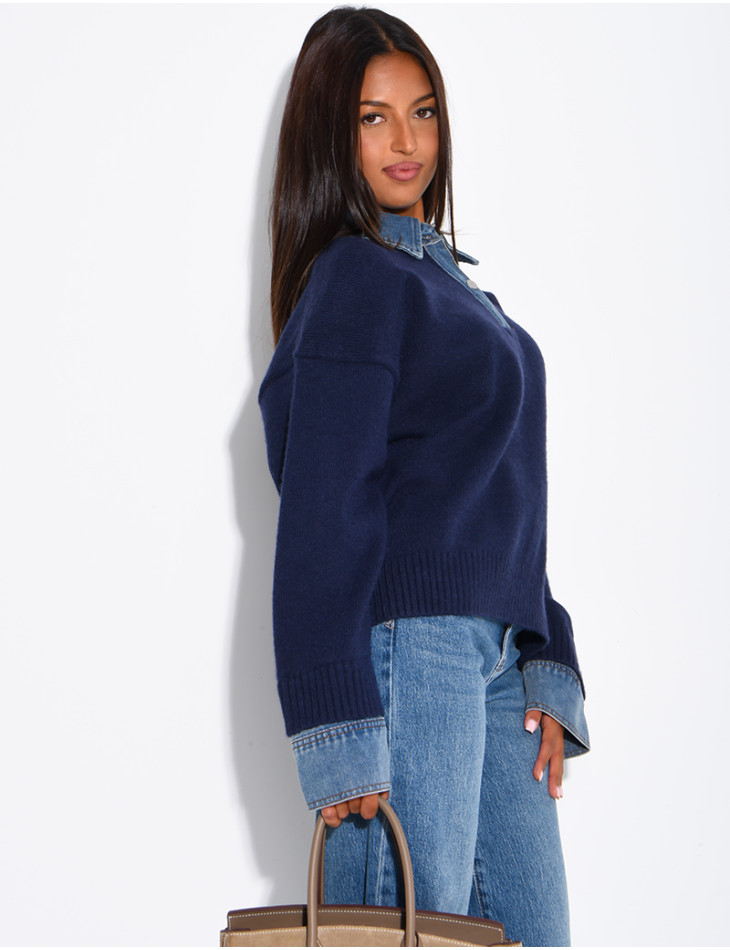 Knit sweater with denim cuff and shirt collar inserts