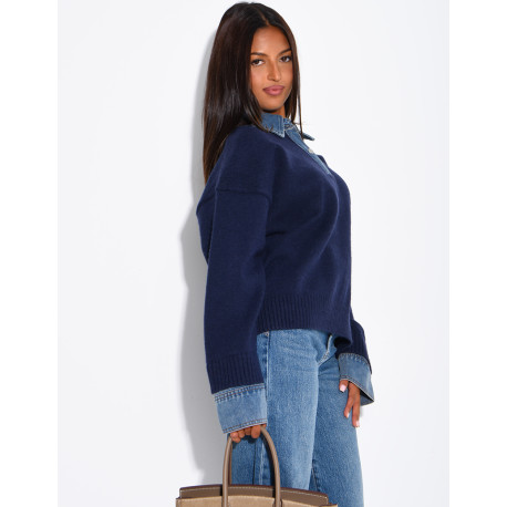 Knit sweater with denim cuff and shirt collar inserts