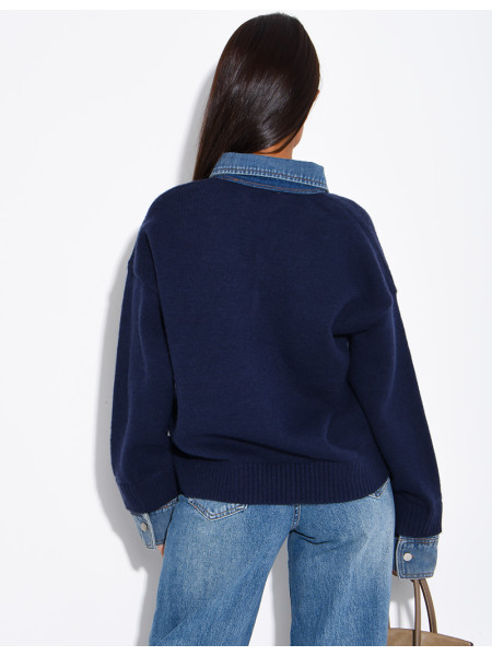 Knit sweater with denim cuff and shirt collar inserts