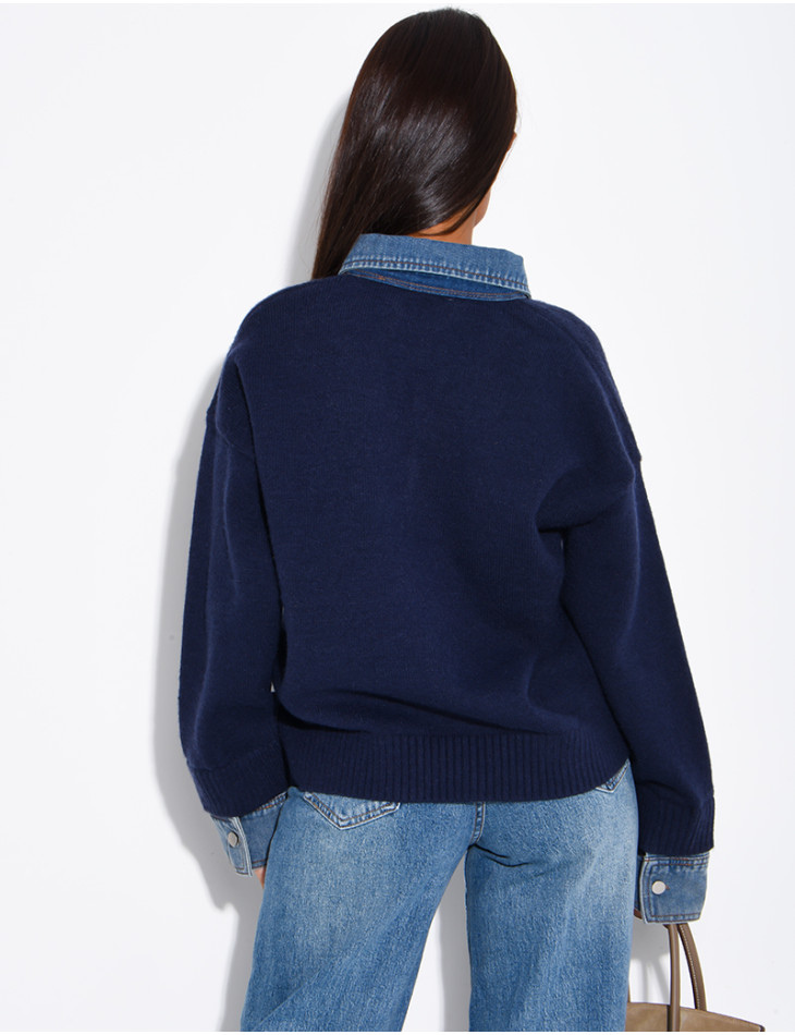 Knit sweater with denim cuff and shirt collar inserts