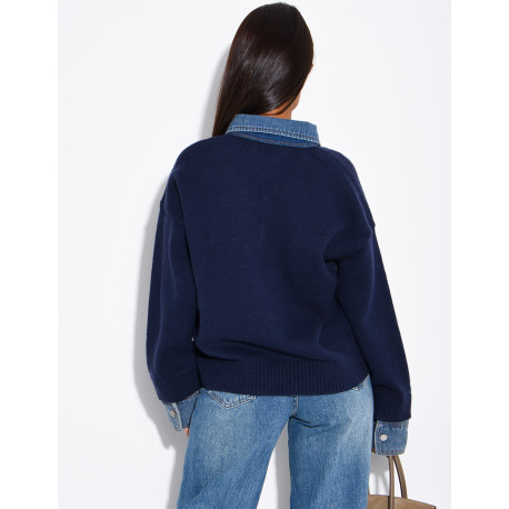 Knit sweater with denim cuff and shirt collar inserts