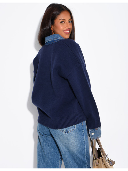 Knit sweater with denim cuff and shirt collar inserts