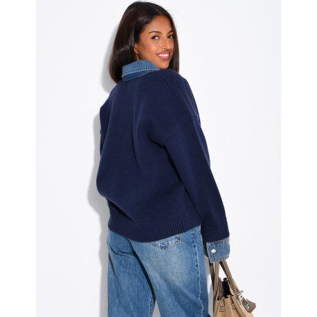 Knit sweater with denim cuff and shirt collar inserts