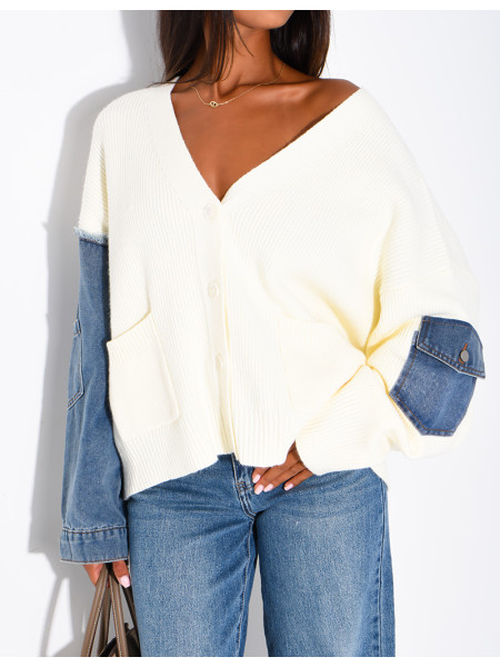 Oversized wool cardigan with denim sleeves