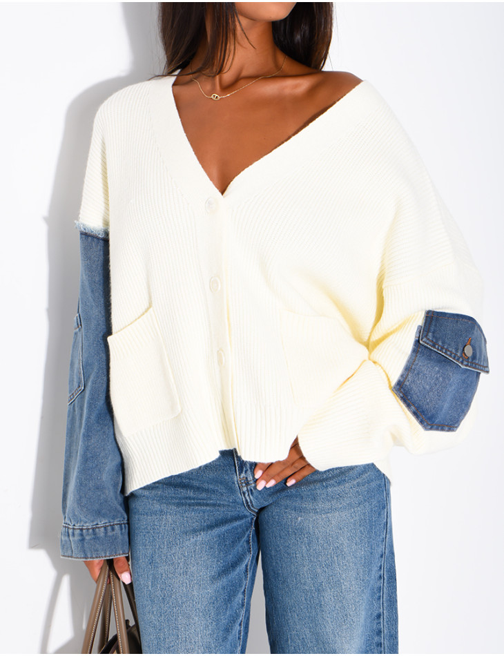 Oversized wool cardigan with denim sleeves