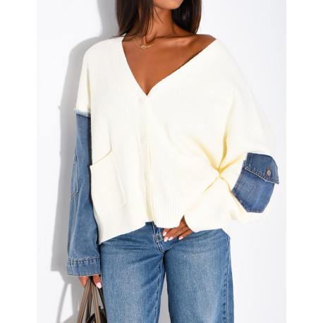 Oversized wool cardigan with denim sleeves