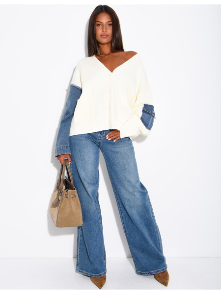 Oversized wool cardigan with denim sleeves