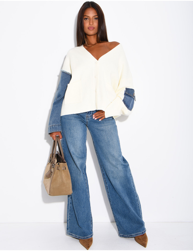 Oversized wool cardigan with denim sleeves