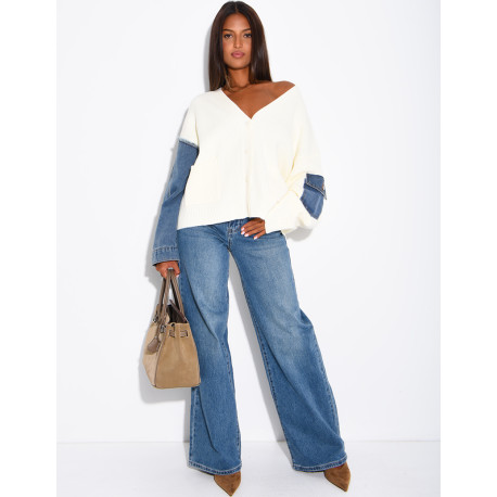 Oversized wool cardigan with denim sleeves