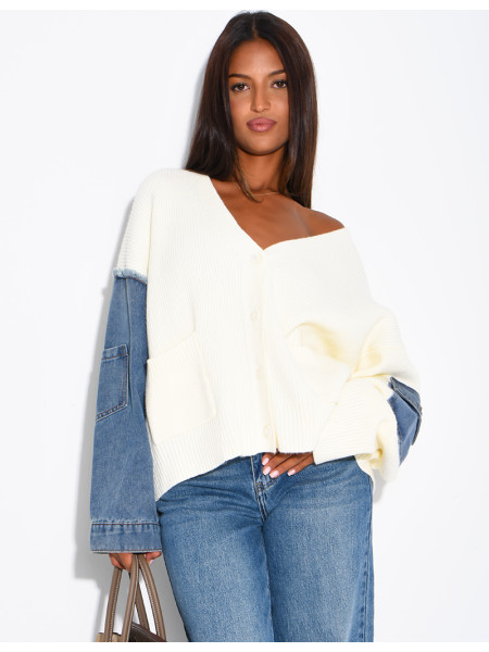 Oversized wool cardigan with denim sleeves
