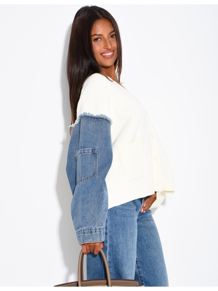 Oversized wool cardigan with denim sleeves