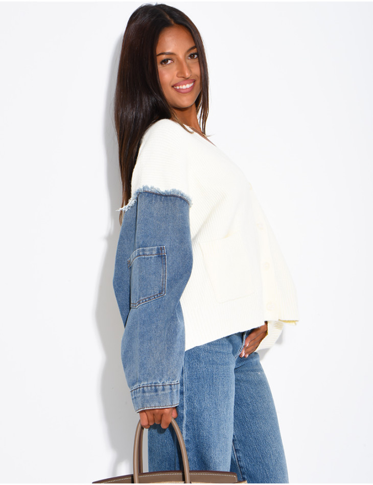 Oversized wool cardigan with denim sleeves