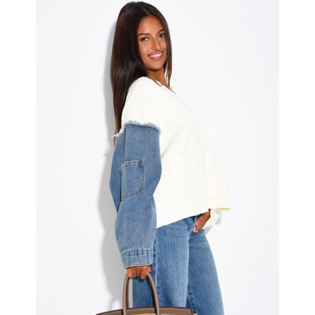Oversized wool cardigan with denim sleeves