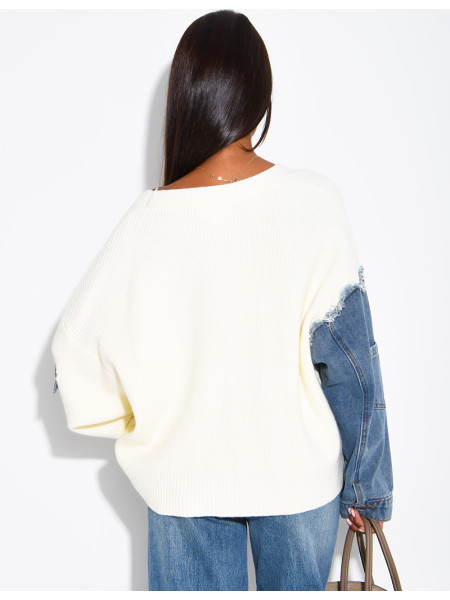 Oversized wool cardigan with denim sleeves