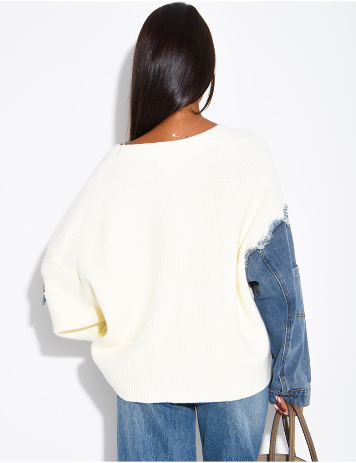 Oversized wool cardigan with denim sleeves