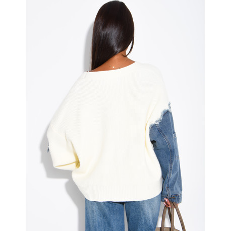 Oversized wool cardigan with denim sleeves