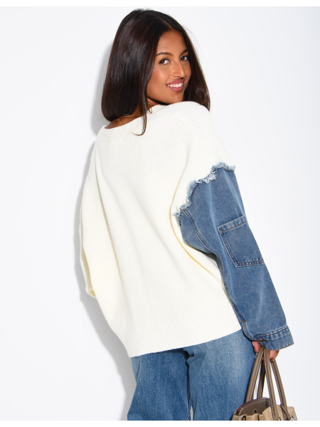 Oversized wool cardigan with denim sleeves