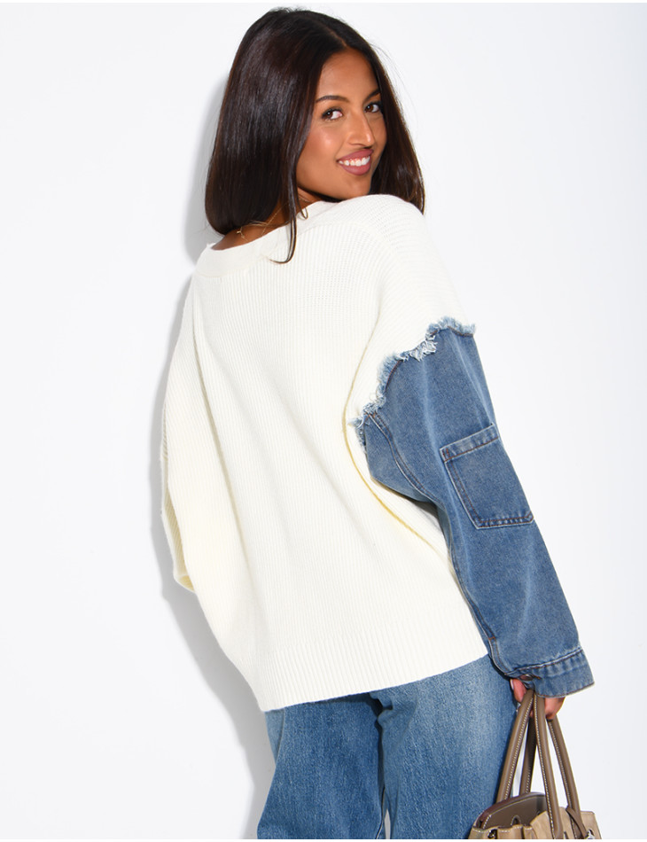 Oversized wool cardigan with denim sleeves