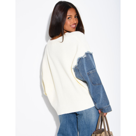 Oversized wool cardigan with denim sleeves