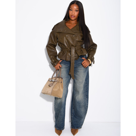 Short, textured faux leather Perfecto jacket with a belt