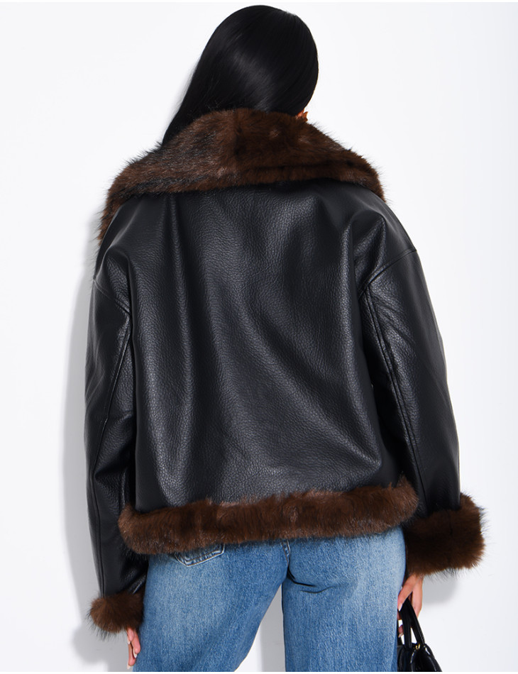 Reversible faux leather and faux fur jacket
