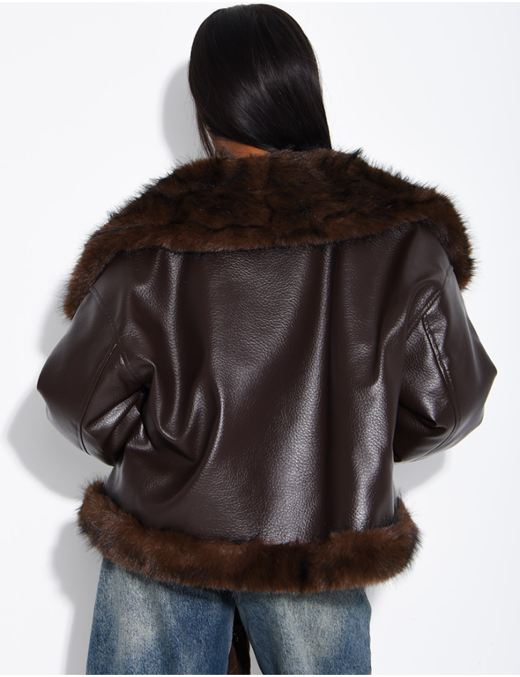 Reversible faux leather and faux fur jacket