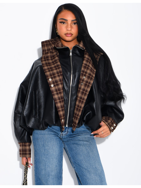Faux leather jacket with plaid collar and cuffs