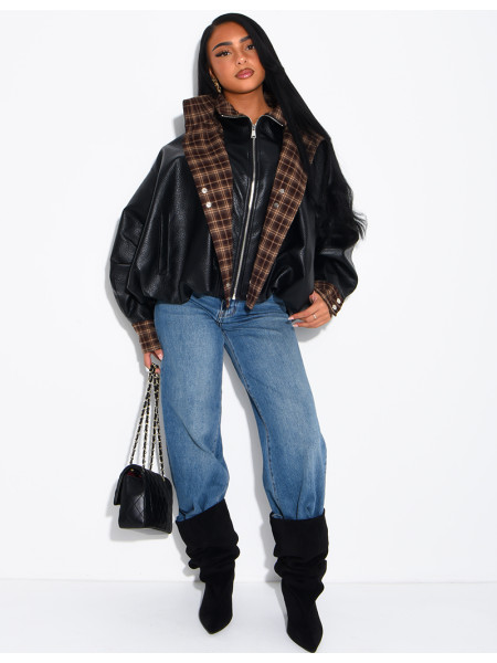 Faux leather jacket with plaid collar and cuffs