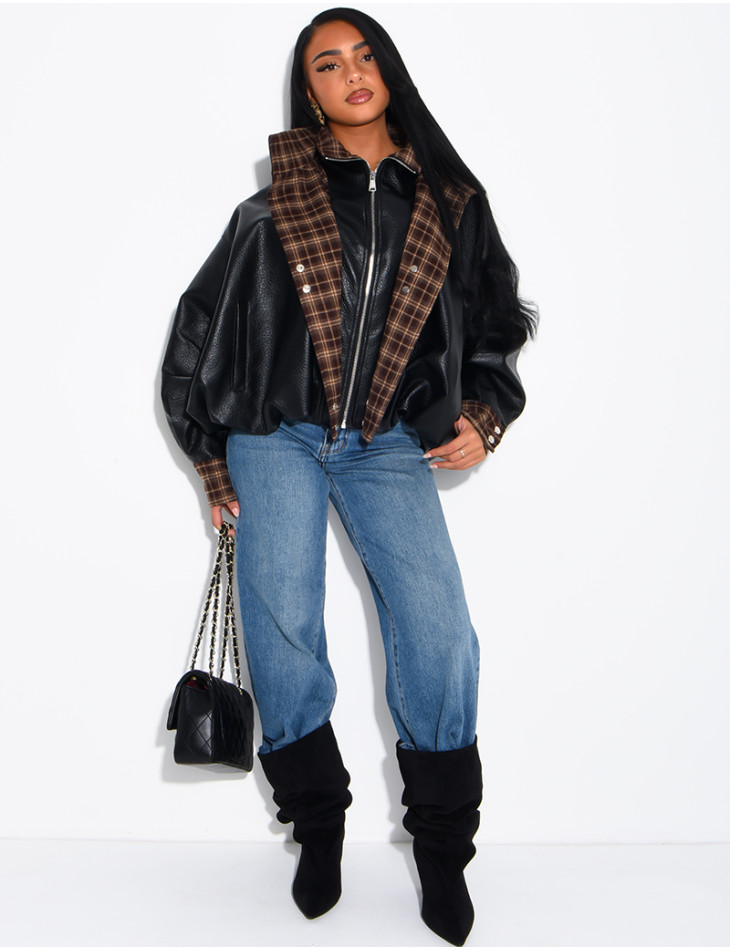 Faux leather jacket with plaid collar and cuffs